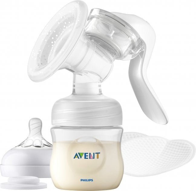 Avent manual breast pump set with white bottle, breast shield, and pump handle