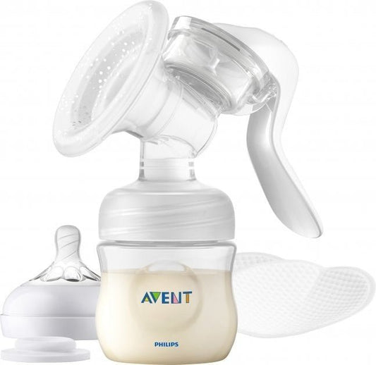 Avent manual breast pump set with white bottle, breast shield, and pump handle