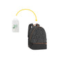 Nasal aspirator bottle with suction parts shown beside black patterned backpack