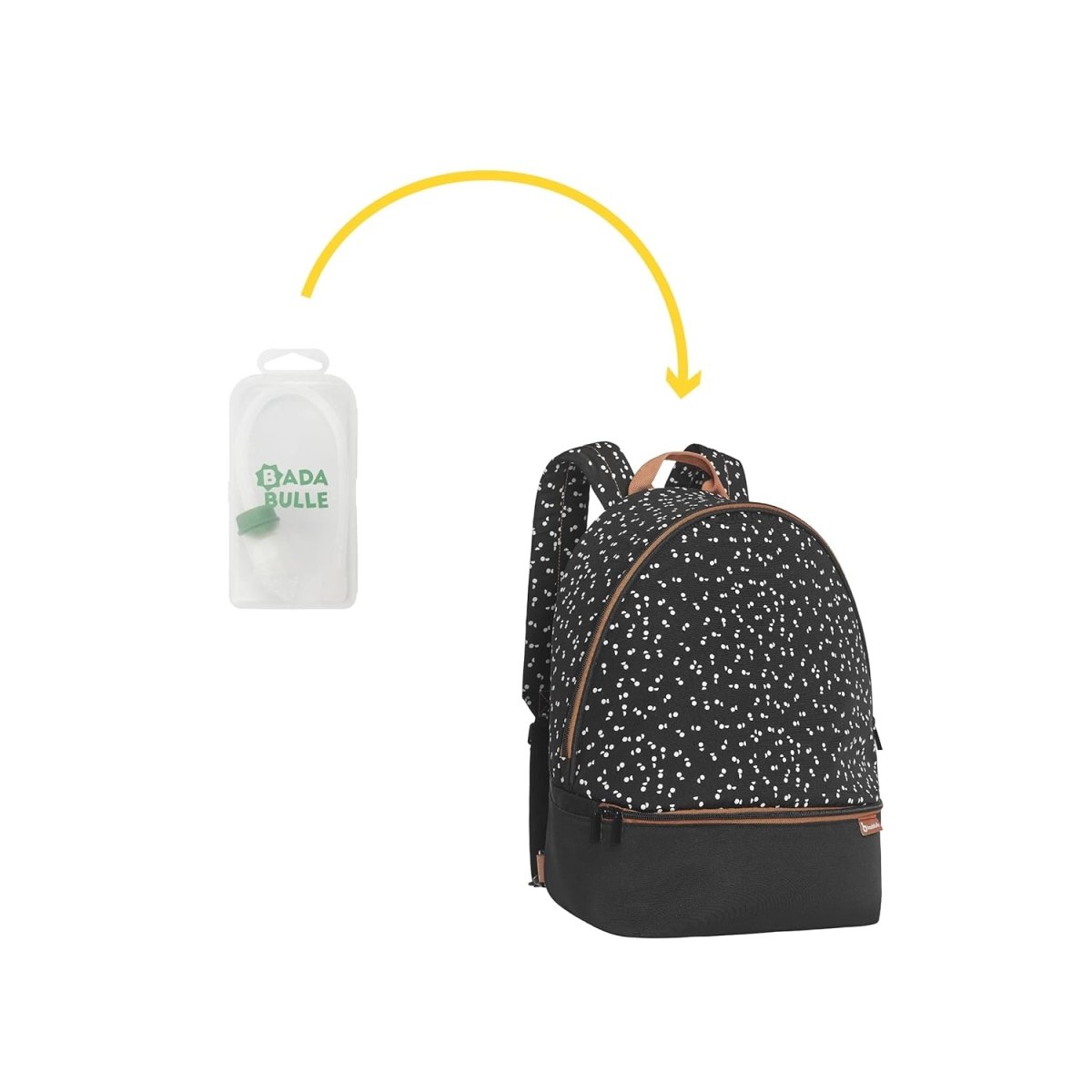 Nasal aspirator bottle with suction parts shown beside black patterned backpack