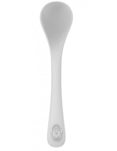 Grey feeding spoon with animal face grip detail