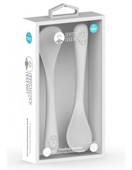 Grey feeding spoon set in retail box showing two feeding spoons