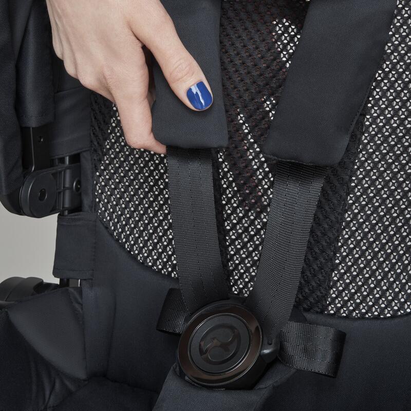 Stroller harness straps with black mesh seat panel