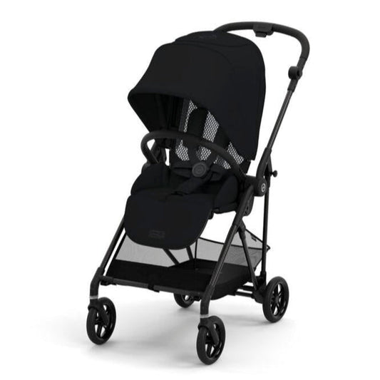 Melio Carbon Magic stroller with black canopy and padded seat