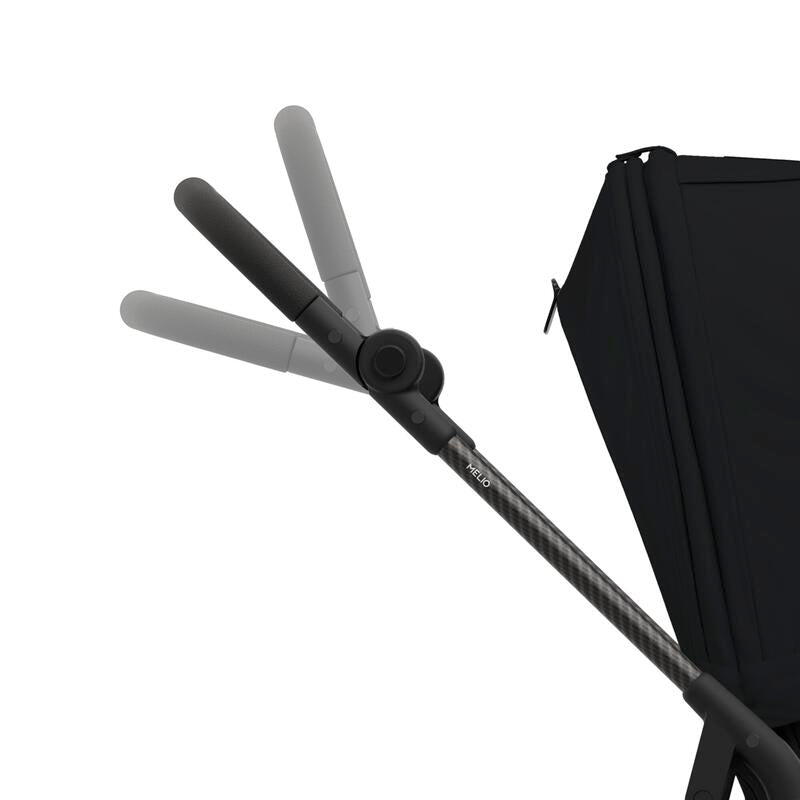 Stroller handlebar with gray adjustment buttons and black grip