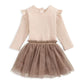 Baby mesh tutu and cotton bodysuit outfit, cream top with brown tulle skirt
