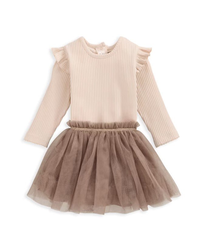 Baby mesh tutu and cotton bodysuit outfit, cream top with brown tulle skirt