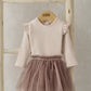 Cream ribbed bodysuit with ruffle sleeves and brown mesh tutu skirt