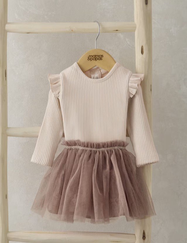 Cream ribbed bodysuit with ruffle sleeves and brown mesh tutu skirt