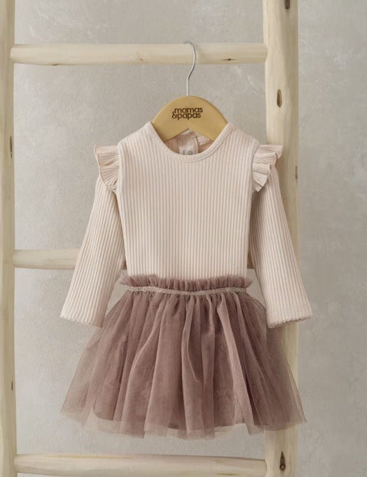 Cream ribbed bodysuit with ruffle sleeves and brown mesh tutu skirt
