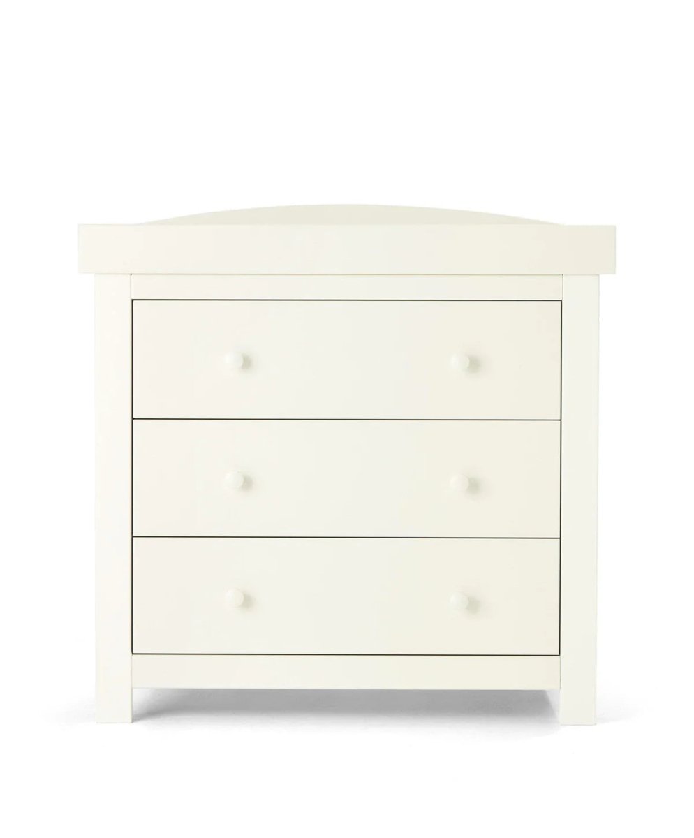 White Mia dresser changer front view with three drawers and black trim