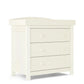White Mia dresser changer, angled view, showing three drawers with round knobs