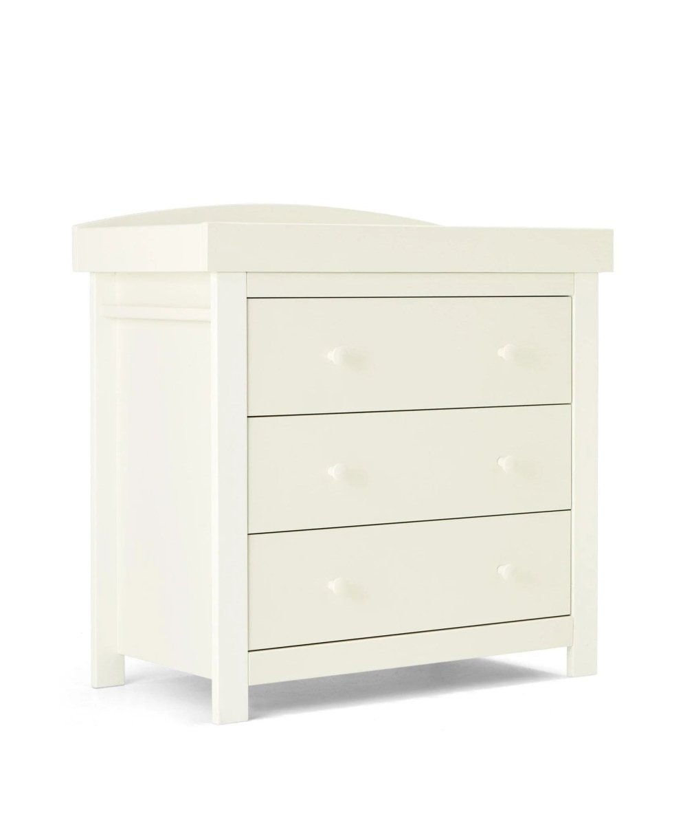 White Mia dresser changer, angled view, showing three drawers with round knobs
