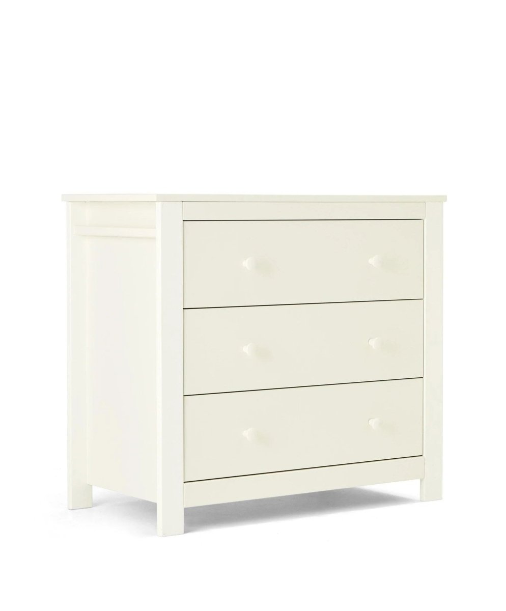 White Mia dresser changer with three front drawers and round knobs