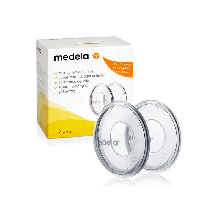 Breast milk collection shells, clear with light gray Medela logo, 2-pack