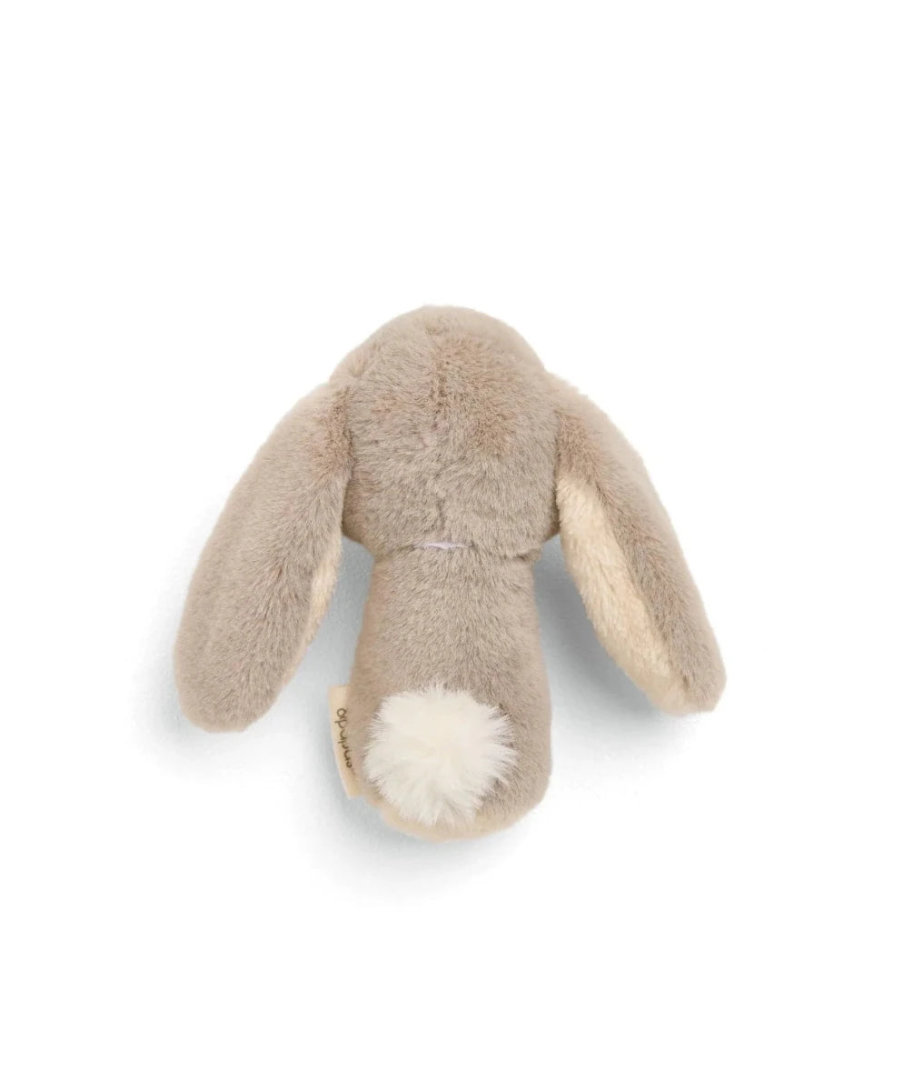 Grey plush bunny mini rattle back view with fluffy tail and short legs