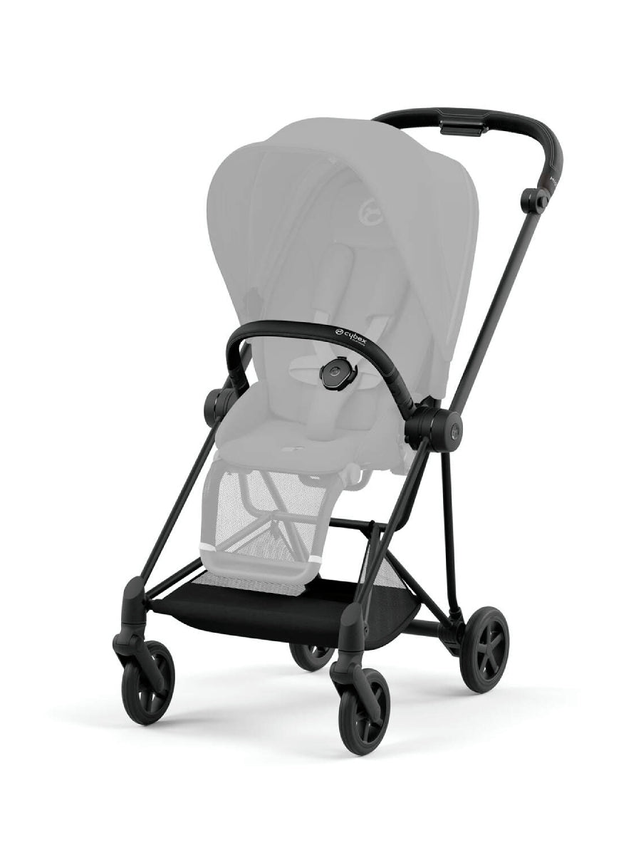 Stroller chassis with grey canopy, black wheels and standing footrest