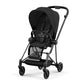 Black stroller chassis with canopy, seat bar, and multi-position front wheels