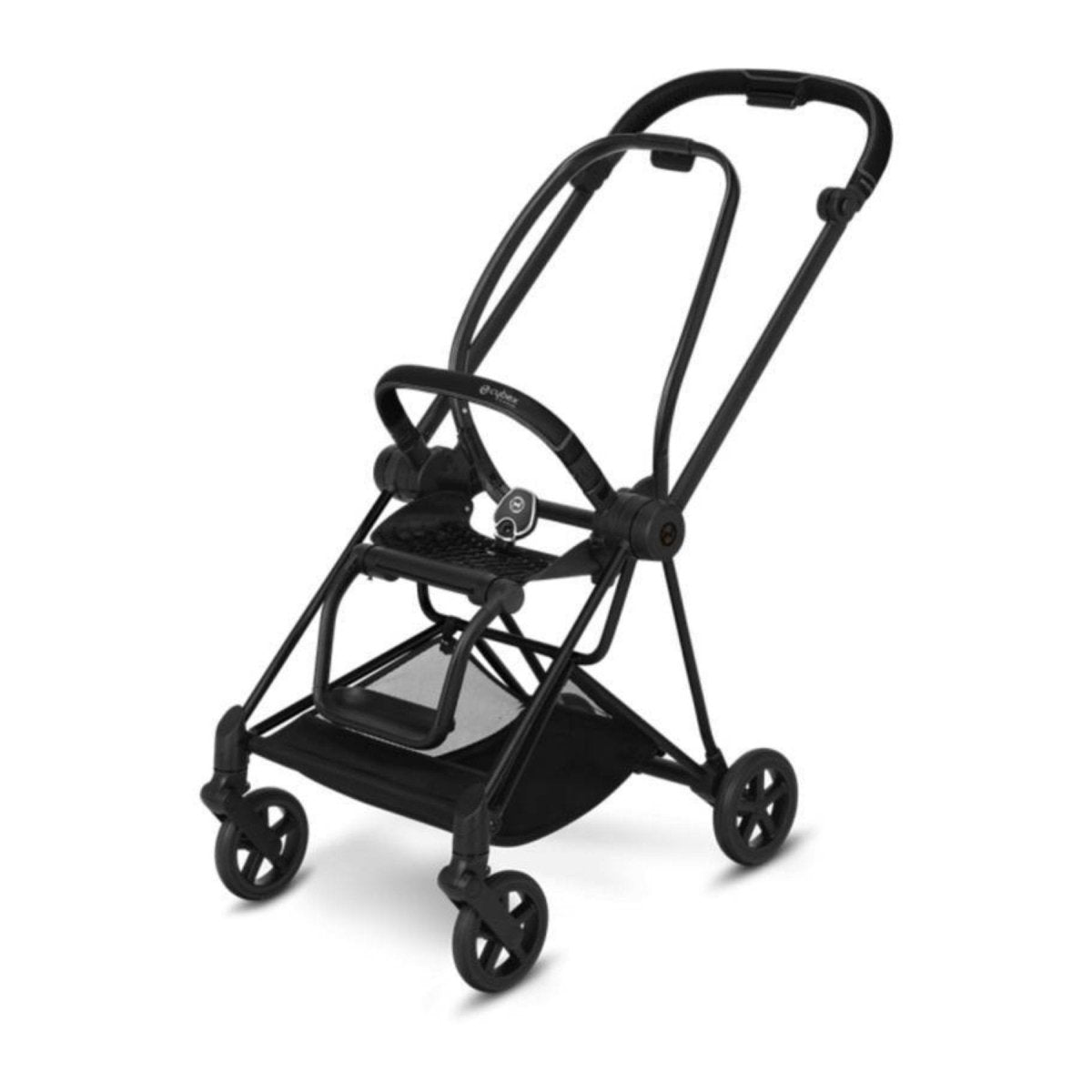 Matt black stroller chassis with front swivel wheels and footrest platform