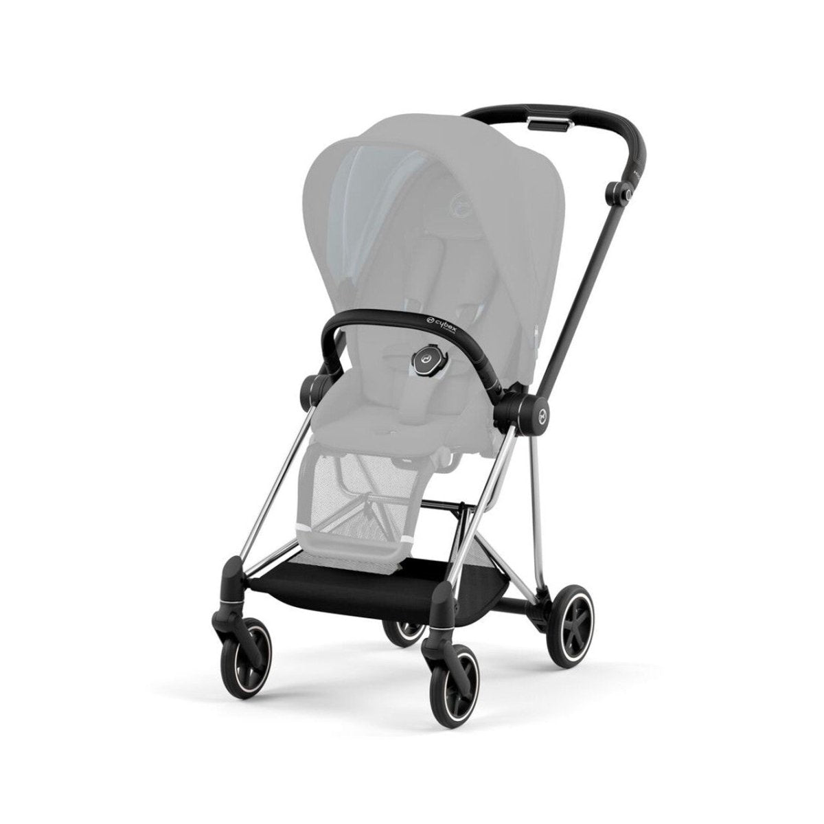 Baby stroller with black frame, light gray seat and canopy
