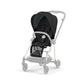 Onyx black stroller with dark canopy and padded seat, side view
