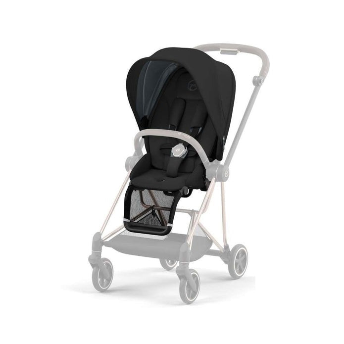 Onyx black stroller with dark canopy and padded seat, side view