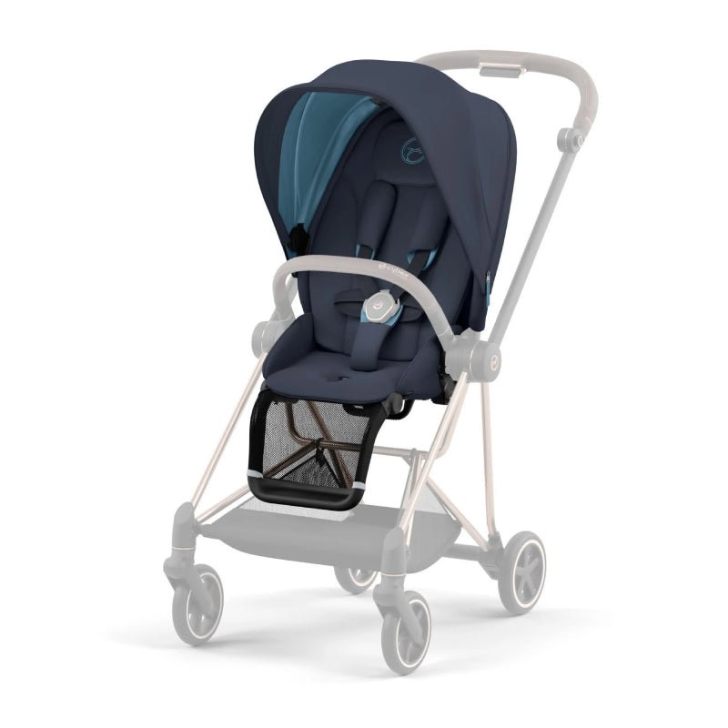 Navy stroller seat pack with blue seat panel and canopy, side view