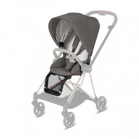 Dark gray stroller seat pack with canopy and padded seat, side view
