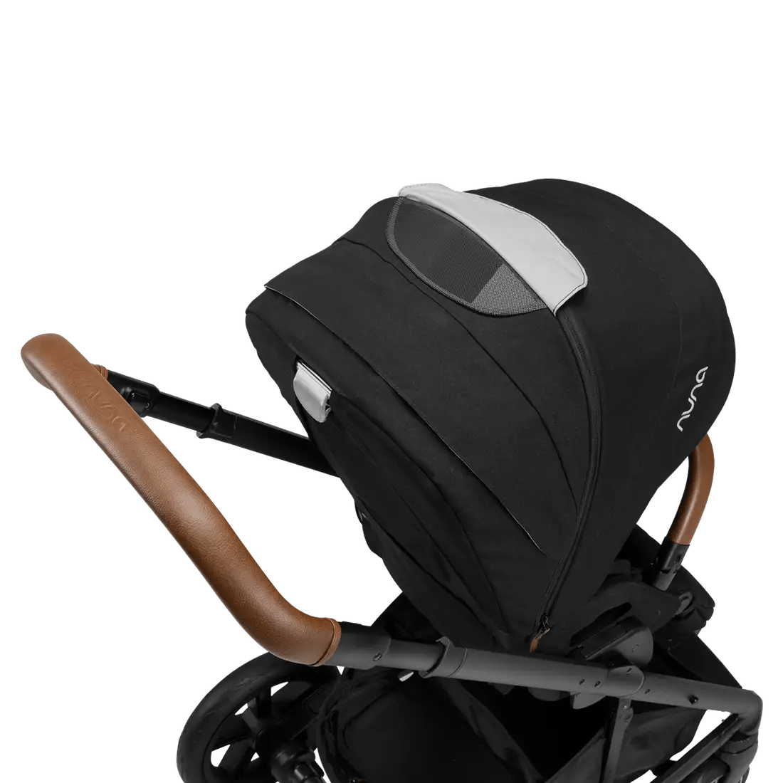 MIXX Next stroller with black hood and light gray panel, side view, brown handlebar.