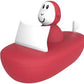 Monkey boat toy set in red and white, side view with monkey face on hooded top