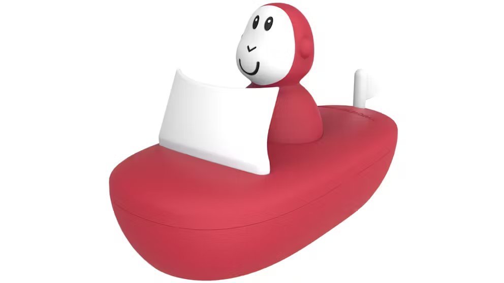 Monkey boat toy set in red and white, side view with monkey face on hooded top
