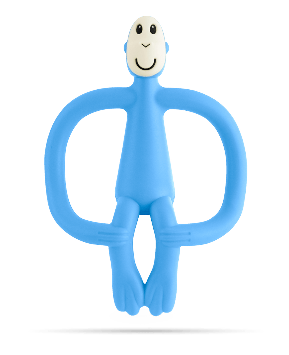 Teething toy monkey figure in light blue with loop ring handles