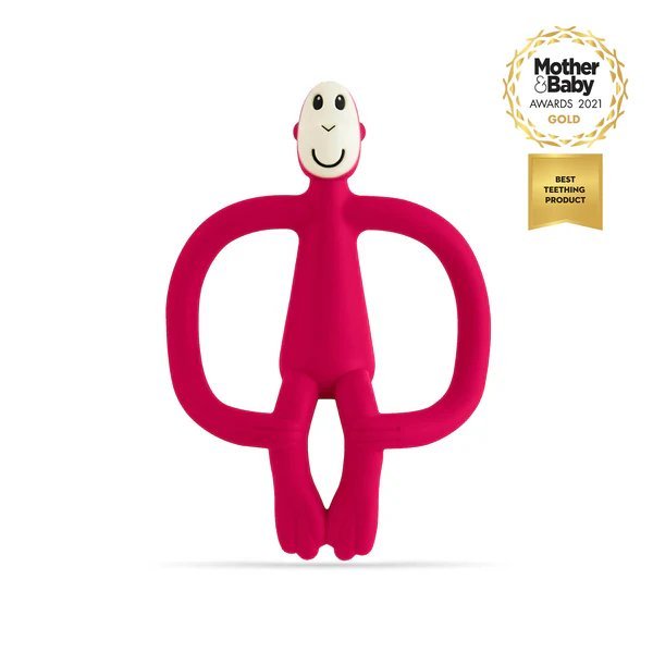 Teething toy monkey figure in fuchsia with loop ring handles