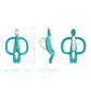 Teething toy monkey in teal shown with textured handle and ring grips