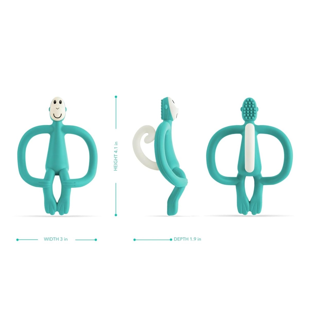 Teething toy monkey in teal shown with textured handle and ring grips