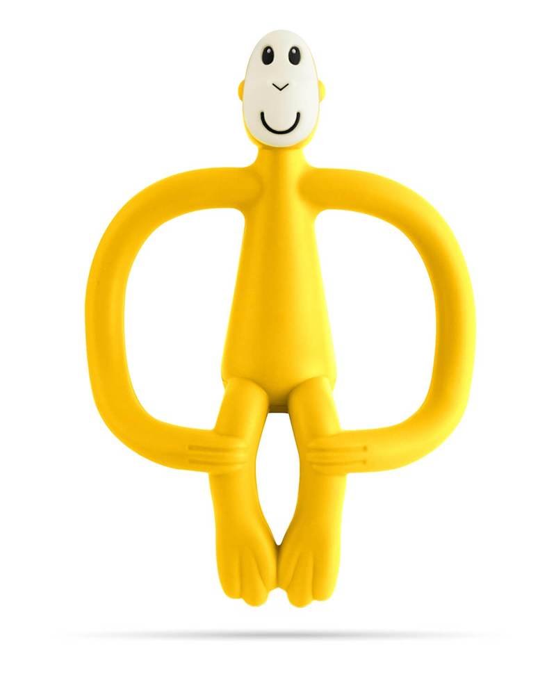 Teething toy monkey figure in yellow with U-shaped ring handles