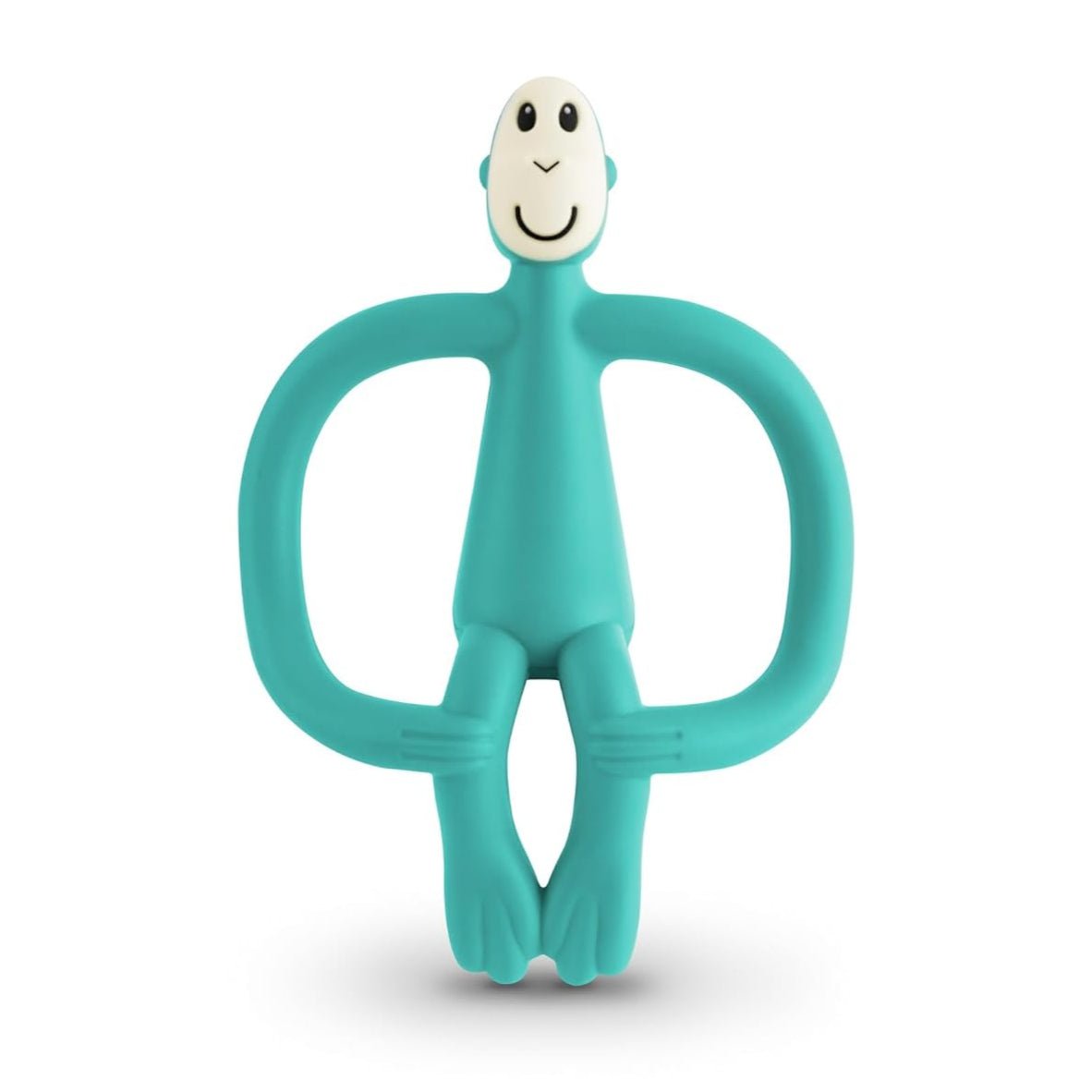Teething toy monkey figure with teal ring handles and smiling face
