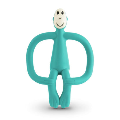 Teething toy monkey figure with teal ring handles and smiling face