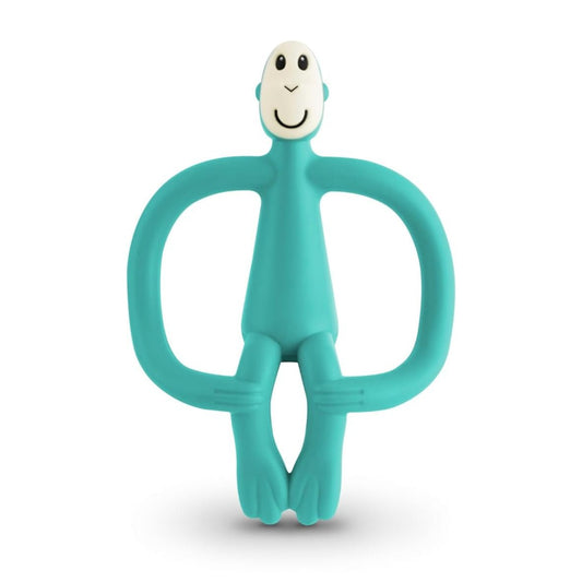 Teething toy monkey figure with teal ring handles and smiling face