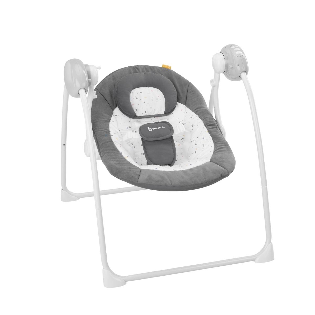 Infant swing with gray cushioned seat, toy arch, and white frame