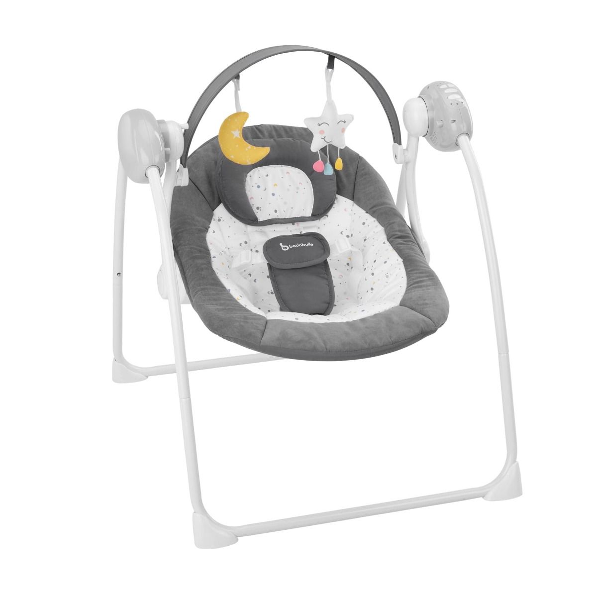 Infant swing with gray and white-speckled seat, toy arch and white frame