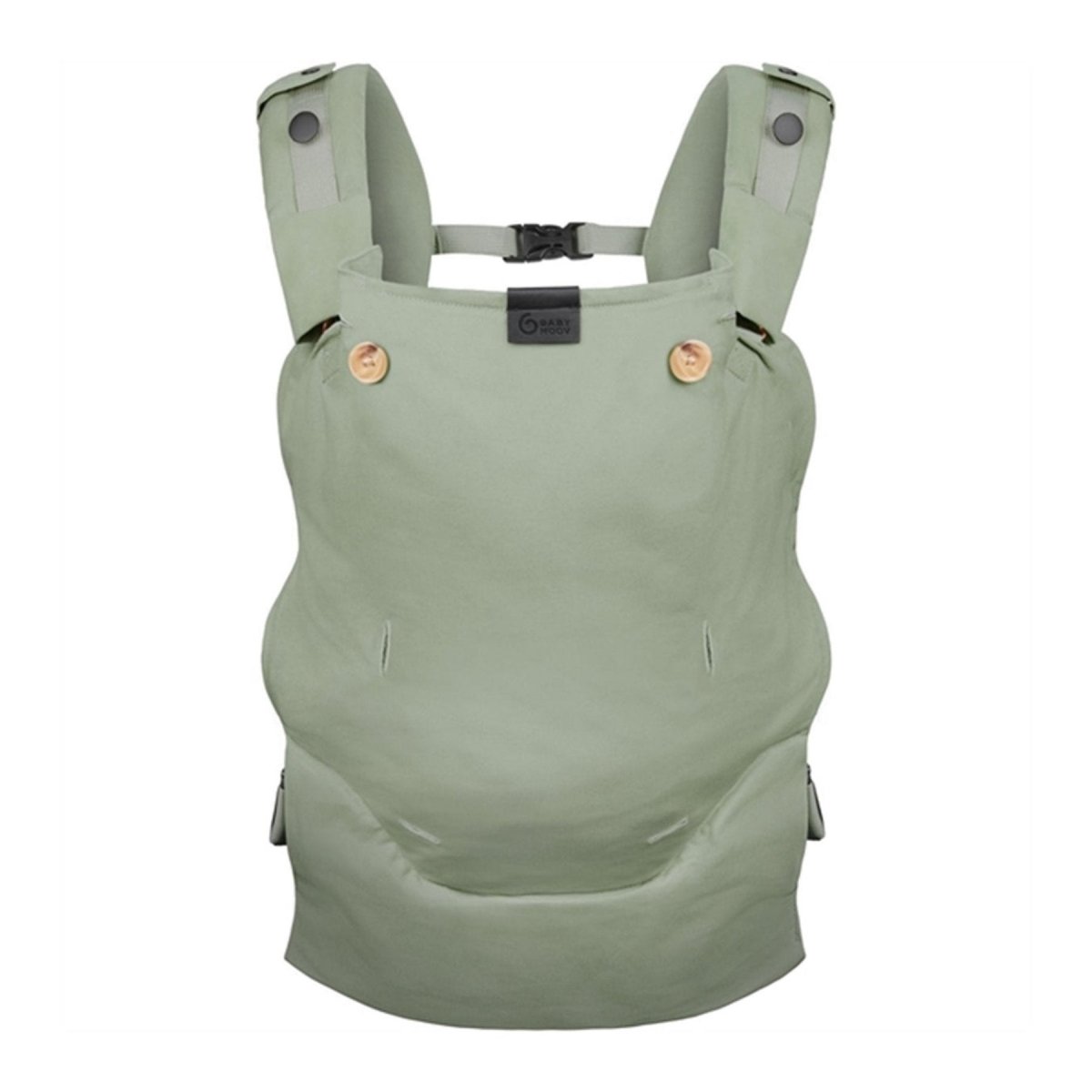 Sage green newborn baby carrier with buckled straps and front panel