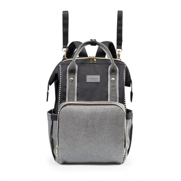 Black mummy backpack with gray front panel, shoulder straps, and top handle