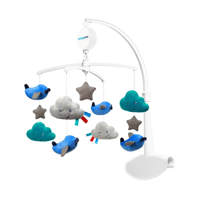 babyono music box mobile with blue and gray plush clouds, stars, and fish