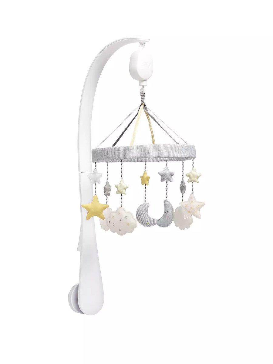 Baby musical mobile with gray arc stand and hanging cloud, star, and moon charms