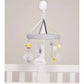 Baby musical mobile with hanging clouds, stars, and crescent shapes on gray arm