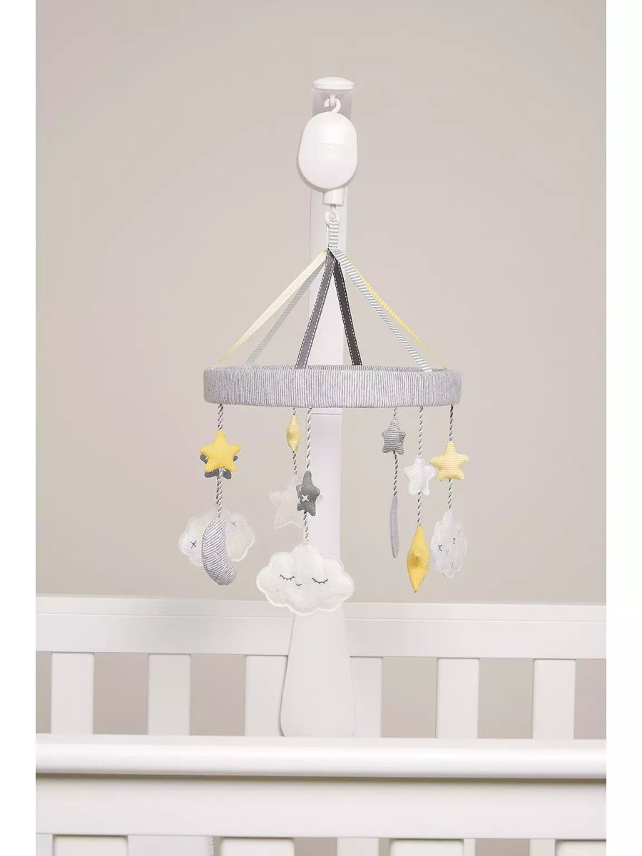 Baby musical mobile with hanging clouds, stars, and crescent shapes on gray arm