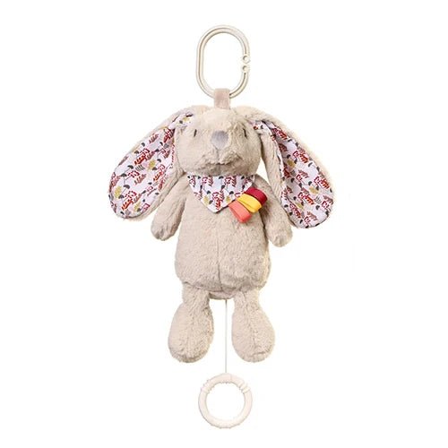 Plush rabbit baby toy keychain with patterned wings and dangling fabric tags