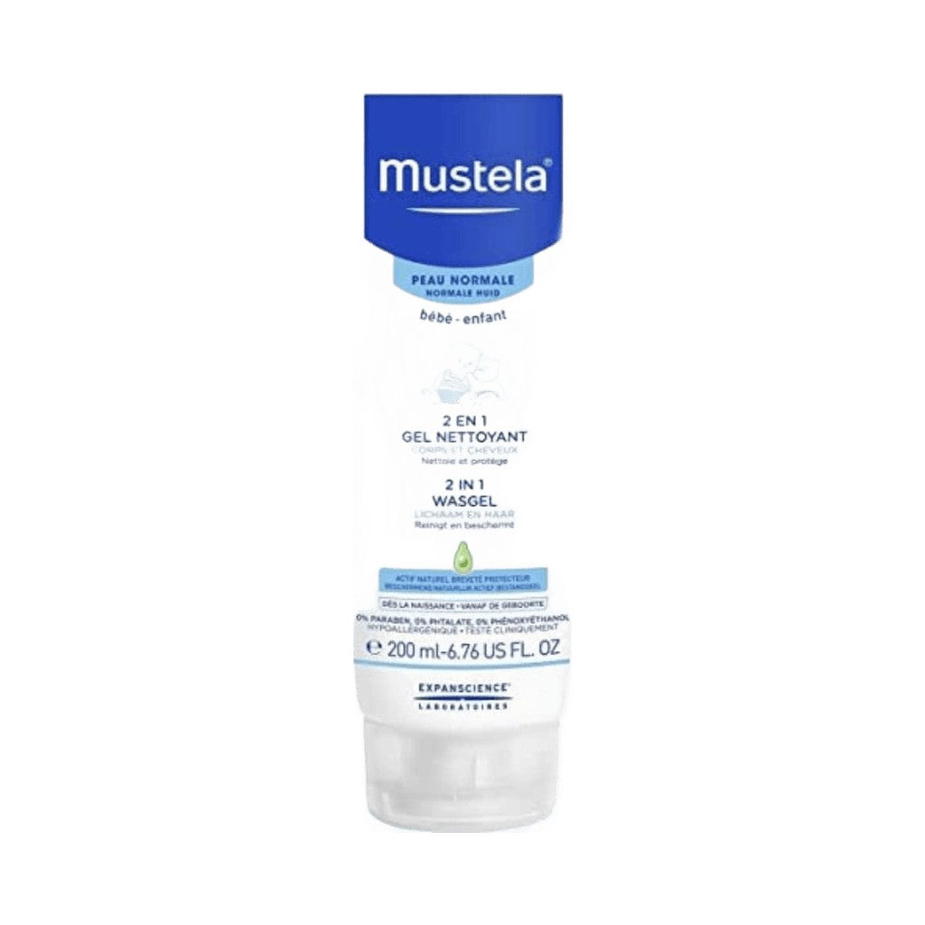 Mustela 2-in-1 cleansing gel bottle with blue cap and white label