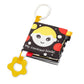 Sensory contrast book with black cover, panda face, colorful dots, and teether clip
